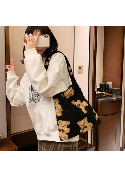 08 Light Brown Style Sonbahar Kış Peluş Kabarık Koltuk Altı Çanta Kadın Karikatür Ayı Baskı Bayan Çanta Büyük Kapasiteli Omuz Üst-Kolu Çanta (Yurt Dışından) modelleri