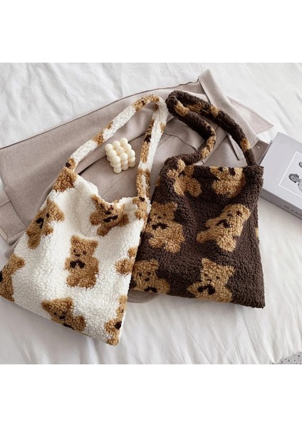 08 Light Brown Style Sonbahar Kış Peluş Kabarık Koltuk Altı Çanta Kadın Karikatür Ayı Baskı Bayan Çanta Büyük Kapasiteli Omuz Üst-Kolu Çanta (Yurt Dışından) fırsatları