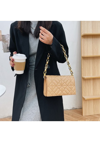 Deve Tarzı Kadınlar Düz Renk Basit Omuz Koltukaltı Çantaları Moda Geometrik Kabartma Bayanlar Rahat Kalın Zincir Küçük Omuz Çantaları (Yurt Dışından)