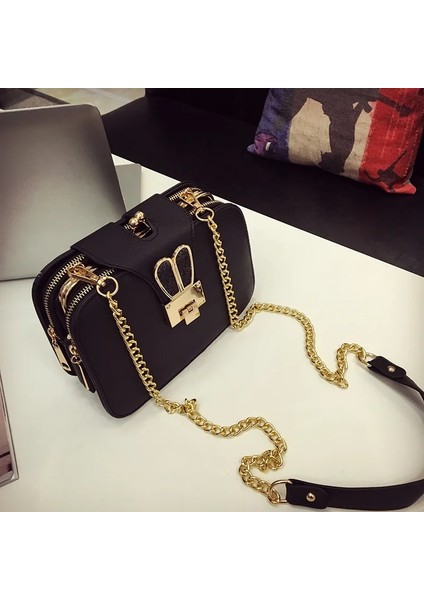 NB3030-SIYAH Kulak Stili Kadın Bahar Moda Zincir Omuz Çantaları Flap Tasarımcısı 3 Katmanlı Çanta Debriyaj Bayanlar Metal Toka Crossbody Messenger Çanta (Yurt Dışından)