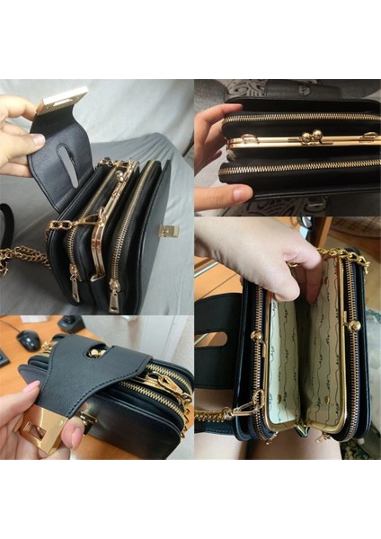 NB3030-SIYAH Kulak Stili Kadın Bahar Moda Zincir Omuz Çantaları Flap Tasarımcısı 3 Katmanlı Çanta Debriyaj Bayanlar Metal Toka Crossbody Messenger Çanta (Yurt Dışından) fırsatları