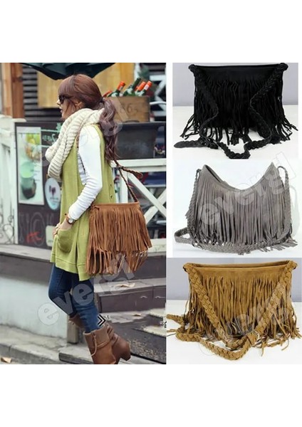 Gri Stil Sıcak Kadın Omuz Çantası Katı Püsküller Trend Çapraz Vücut Çanta Püskül Süet Faux Kürk Fringe Messenger Omuz Çanta (Yurt Dışından)