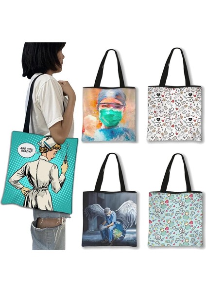 BSTDXBNURSE20 Stili 34CMX34CM Kadın Hemşire Baskılı Kadın Alışveriş Çantası Moda Aşk Büyük Kapasiteli Eko Yeniden Kullanılabilir Omuz Çantası Seyahat Çanta Can Özel Desen (Yurt Dışından) modelleri