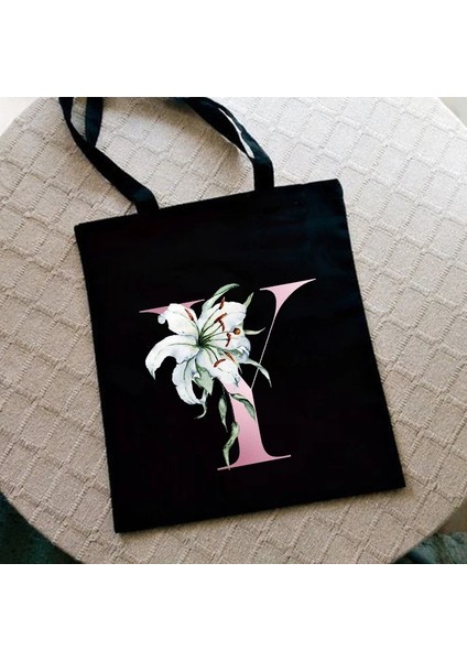 G2204-TBBK-M Stili Zambak Mektup Baskı Kadın Alışveriş Çantası Kadın Kanvas Kumaş Omuz Çantası Eko Depolama Rahat Çanta Yeniden Kullanılabilir Katlanabilir Moda Kılıf (Yurt Dışından)