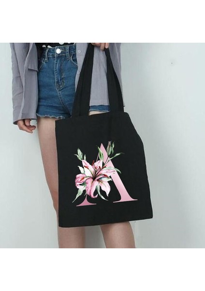 G2204-TBBK-M Stili Zambak Mektup Baskı Kadın Alışveriş Çantası Kadın Kanvas Kumaş Omuz Çantası Eko Depolama Rahat Çanta Yeniden Kullanılabilir Katlanabilir Moda Kılıf (Yurt Dışından) fırsatları