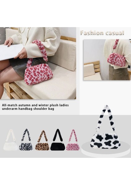 Qiuming Shop Siyah Çiçek Stili Moda Kadın Inek Baskı Kalıp Çantaları Kadın Kış Peluş Koltukaltı Çantaları Leopar Zebra Desen Kabarık Bez Çantalar Küçük Çantalar (Yurt Dışından)