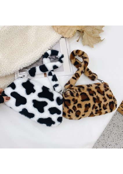 Qiuming Shop Siyah Çiçek Stili Moda Kadın Inek Baskı Kalıp Çantaları Kadın Kış Peluş Koltukaltı Çantaları Leopar Zebra Desen Kabarık Bez Çantalar Küçük Çantalar (Yurt Dışından)