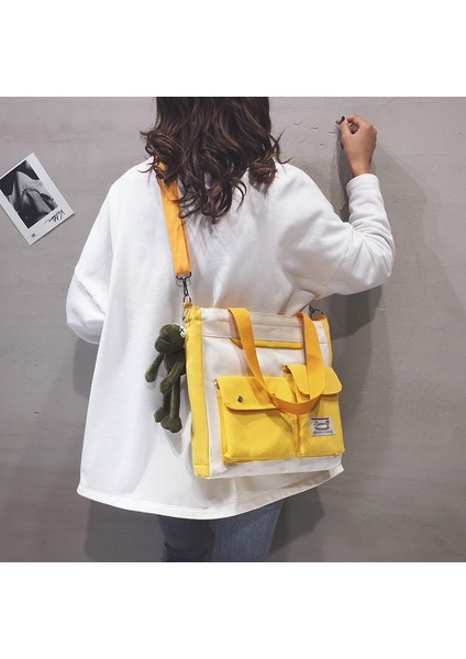 Sarı-Hayır Kolye Tarzı Kadın Çift Cep Kanvas Çanta Moda Trendi Kapaklı Tek Omuz Çantası Fermuarlı Messenger Çanta Bez Çanta Öğrenci Eğitim Çantası (Yurt Dışından) modelleri
