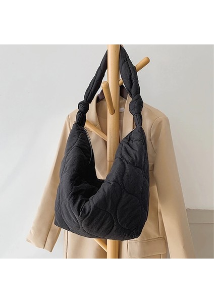Pu Siyah Stil Kadın Çanta Sonbahar Kış Omuz Corssbody Çanta Kadın Yeni Büyük Kapasiteli Fermuar Moda Vahşi Kadın Pamuk Tasarım Seyahat Tote (Yurt Dışından)