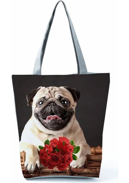 HL0588 Tarzı Köpek Baskılı Çanta Pug Rahat Yüksek Kapasiteli Eko Yeniden Kullanılabilir Alışveriş Çantası Kadın Çiçek Seyahat Depolama Tote Tüm Maç Özel Desen (Yurt Dışından) indirimleri
