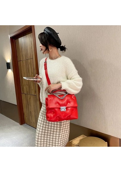 Kırmızı 1 Tarzı 29X7X25CM Ünlü Kadın Çantaları Pu Ain Uzay Pamuk Büyük Kapasiteli Omuz Messenger Lüks Trendy Çanta Yumuşak Kişilik (Yurt Dışından)