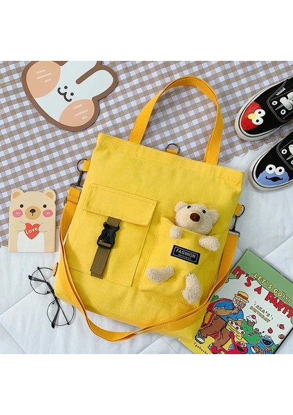 Ayı Kolye Sarı Stil Kawaii Karikatür Tote Çanta Kanvas Çanta Alışveriş Çantası Süper Serin Çanta Omuz Çantaları Kız Kitap Çantaları Için Bolsa Feminina Mochila (Yurt Dışından)