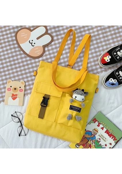 Ayı Kolye Sarı Stil Kawaii Karikatür Tote Çanta Kanvas Çanta Alışveriş Çantası Süper Serin Çanta Omuz Çantaları Kız Kitap Çantaları Için Bolsa Feminina Mochila (Yurt Dışından) indirimleri