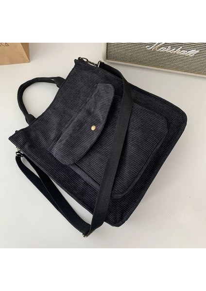 Siyah Stil Hylhexyr Kadife Omuz Çantası Kadın Vintage Alışveriş Çantaları Fermuar Kız Öğrenci Bookbag Çanta Dış Cep ile Rahat Tote (Yurt Dışından)