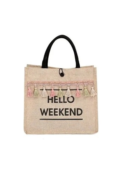 Siyah Stil 34,5X14,5X29CM Kadın Yaz Plaj Çantaları Çanta Büyük Kapasiteli Bayan Püskül Omuz Çantası Büyük Mektup Keten Tote Rahat Kızlar Seyahat Alışveriş Çantası (Yurt Dışından)