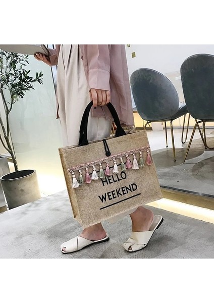 Siyah Stil 34,5X14,5X29CM Kadın Yaz Plaj Çantaları Çanta Büyük Kapasiteli Bayan Püskül Omuz Çantası Büyük Mektup Keten Tote Rahat Kızlar Seyahat Alışveriş Çantası (Yurt Dışından) fiyatları