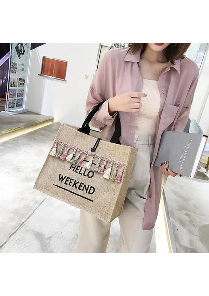 Siyah Stil 34,5X14,5X29CM Kadın Yaz Plaj Çantaları Çanta Büyük Kapasiteli Bayan Püskül Omuz Çantası Büyük Mektup Keten Tote Rahat Kızlar Seyahat Alışveriş Çantası (Yurt Dışından) fırsatları