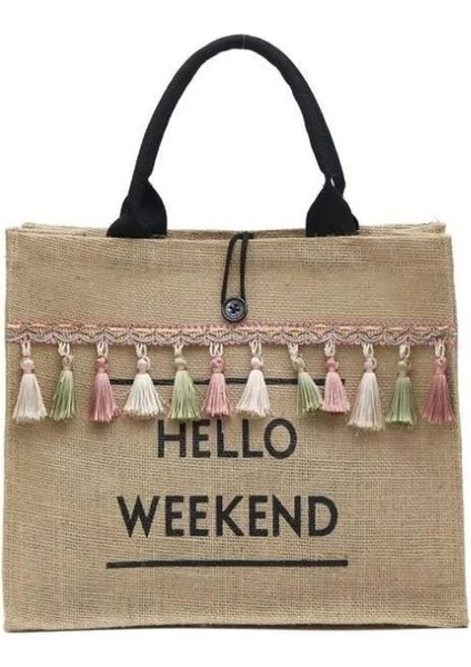 Siyah Stil 34,5X14,5X29CM Kadın Yaz Plaj Çantaları Çanta Büyük Kapasiteli Bayan Püskül Omuz Çantası Büyük Mektup Keten Tote Rahat Kızlar Seyahat Alışveriş Çantası (Yurt Dışından) indirimleri