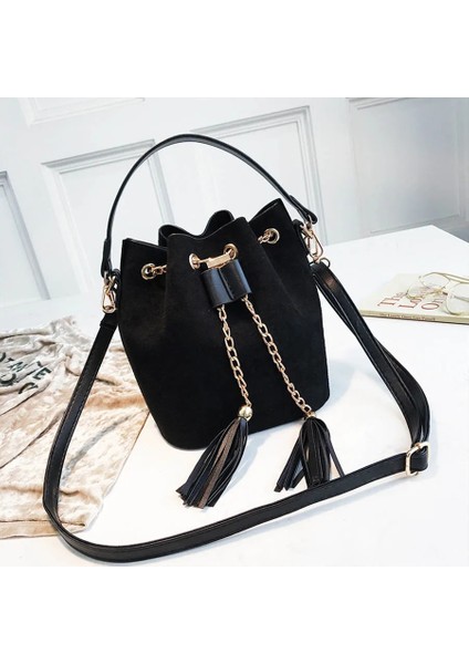 Siyah Stil 20X17X13 cm 2019 Yeni Mini Crossbody Çanta Sevimli Süet Kova Çanta Organizatör Küçük Püskül Pu Deri Bayan Omuz Messenger Çanta Bolsos (Yurt Dışından)