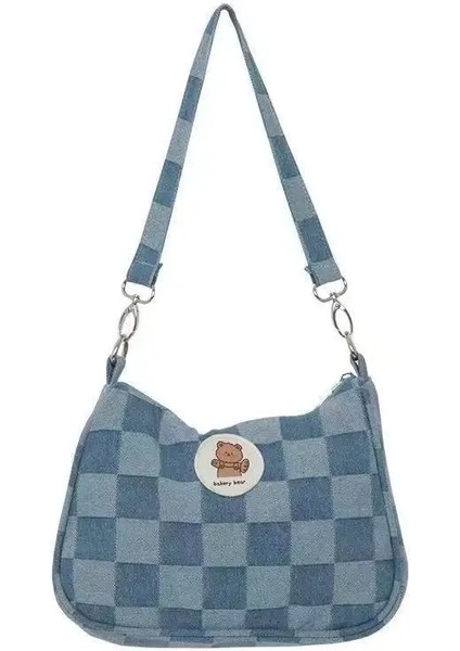 No.2 Tarzı 23X17X6CM Kadın Küçük Omuz Çantaları Mavi Ekose Çanta Kanvas Tote Zincir Koltukaltı Çanta Bayanlar Denim Yarım Ay Çanta Pamuklu Bez Çanta Yeni (Yurt Dışından)