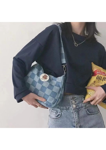 No.2 Tarzı 23X17X6CM Kadın Küçük Omuz Çantaları Mavi Ekose Çanta Kanvas Tote Zincir Koltukaltı Çanta Bayanlar Denim Yarım Ay Çanta Pamuklu Bez Çanta Yeni (Yurt Dışından) fırsatları