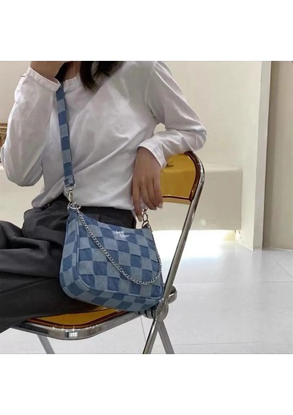 No.2 Tarzı 23X17X6CM Kadın Küçük Omuz Çantaları Mavi Ekose Çanta Kanvas Tote Zincir Koltukaltı Çanta Bayanlar Denim Yarım Ay Çanta Pamuklu Bez Çanta Yeni (Yurt Dışından) indirimleri
