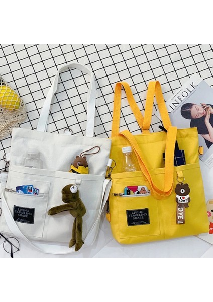 White Calf Pendant Style Women New Cute Bear Cartoon Canvas Bag Female Fashion Cool Girl Student School Class Shoulder Crossbody Messenger Bag Satchels (Yurt Dışından) fiyatları