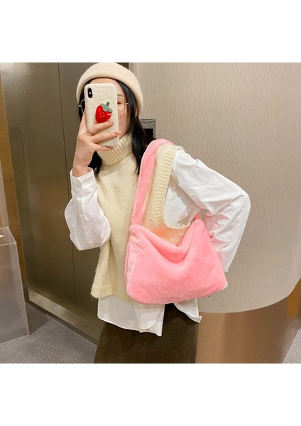 Haki Stili Women's Bag Plush Leopard Love Heart Pattern Underarm Shoulder Bag Autumn Winter Ladies Large Capacity Shopper Tote Handbags (Yurt Dışından)