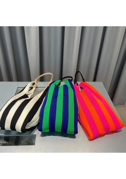 No.12 Tarzı Tasarım Moda Kolu Çanta Kadın Örme Alışveriş Çantası Katlanabilir Şerit Baskı Örgü Omuz Çantaları Günlük Yün Tote (Yurt Dışından)