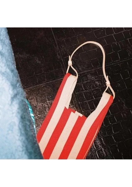 No.12 Tarzı Tasarım Moda Kolu Çanta Kadın Örme Alışveriş Çantası Katlanabilir Şerit Baskı Örgü Omuz Çantaları Günlük Yün Tote (Yurt Dışından)