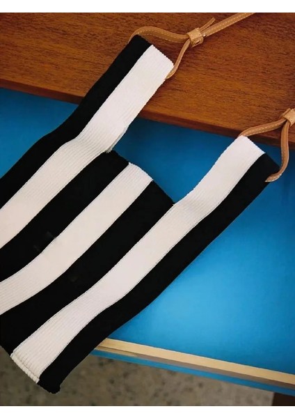 No.12 Tarzı Tasarım Moda Kolu Çanta Kadın Örme Alışveriş Çantası Katlanabilir Şerit Baskı Örgü Omuz Çantaları Günlük Yün Tote (Yurt Dışından)
