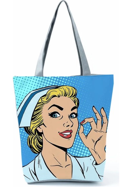 HL1235 Tarzı Kadın Hemşire Baskılı Kadın Alışveriş Çantası Moda Aşk Büyük Kapasiteli Eko Yeniden Kullanılabilir Omuz Çantası Seyahat Çanta Can Özel Desen (Yurt Dışından)