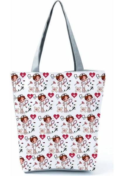 HL1235 Tarzı Kadın Hemşire Baskılı Kadın Alışveriş Çantası Moda Aşk Büyük Kapasiteli Eko Yeniden Kullanılabilir Omuz Çantası Seyahat Çanta Can Özel Desen (Yurt Dışından) indirimleri