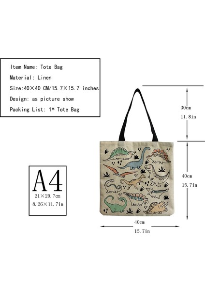 HM1584 Tarzı Karikatür Sevimli Dinozor Baskılı Tote Keten Kişilik Kız Omuz Çantası Büyük Kapasiteli Seyahat Depolama Paketleri Kadın Alışveriş Çantası (Yurt Dışından)