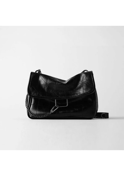 Siyah Stil Yeni Eşkenar Dörtgen Siyah Kaya Yumuşak Flap Tek Omuz Crossbody Paketi Zincir Çanta Womau Deri Messenger Için Lüks Çanta (Yurt Dışından)