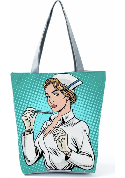 HL1236 Hemşire Çanta Stili Elektrokardiyogram Izgara Baskı Omuz Çantaları Moda Basit Kadın Çantası Eko Taşınabilir Çantalar Pratik Yüksek Kapasiteli Alışveriş Çantası (Yurt Dışından)