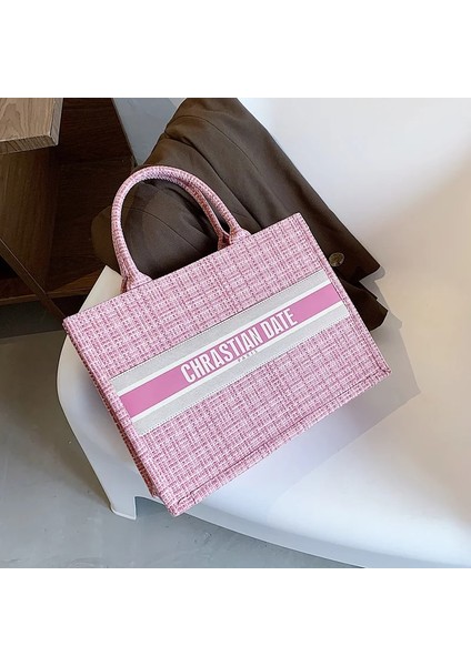 Qiuming Shop Pembe Tarzı M Beden Tuval Tote Çanta Kadın Lüks Tasarımcı Çanta Kız Shopper Moda Rahat Çizgili Kafes Mektup Baskı Büyük Kapasiteli Çantalar (Yurt Dışından)