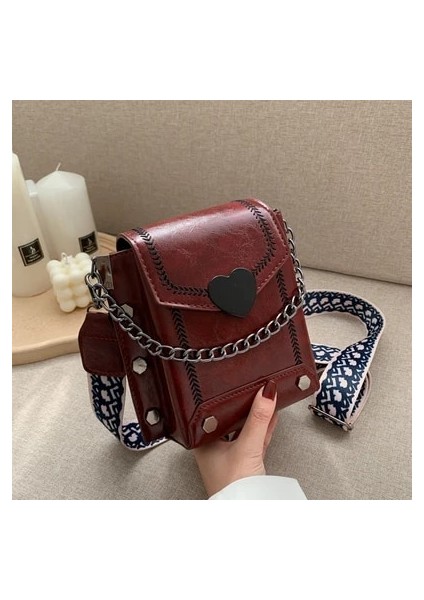 Bordo Tarzı Çanta Kadın Yeni Kore Tarzı Retro Kalp Şeklinde Kilit Cep Telefonu Kadın Çantası Çivili Omuz Çantası Kadın Messenger Çanta (Yurt Dışından)