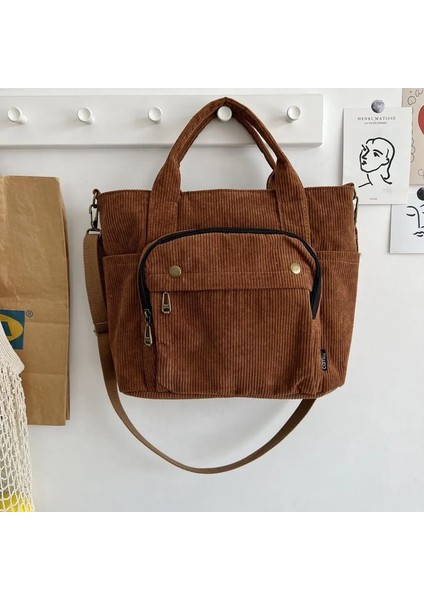 Dış Fermuar Kahverengi Tarzı Hylhexyr Kadife Omuz Çantası Kadın Vintage Alışveriş Çantaları Fermuar Kız Öğrenci Bookbag Çanta Dış Cep ile Rahat Tote (Yurt Dışından)