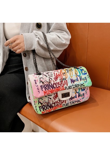 Qiuming Shop Beyaz Stil Tasarımcı Kadınlar Pu Deri Omuz Çantası Yüksek Li Bayanlar Küçük Graffiti Messenger Çanta Kadınlar Için Rahat Zincir Crossbody Çanta (Yurt Dışından)