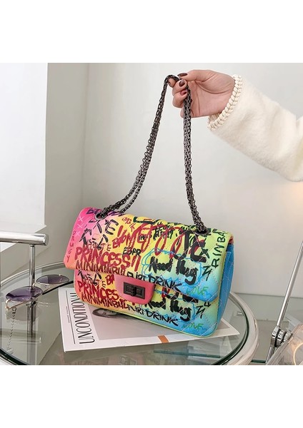 Qiuming Shop Beyaz Stil Tasarımcı Kadınlar Pu Deri Omuz Çantası Yüksek Li Bayanlar Küçük Graffiti Messenger Çanta Kadınlar Için Rahat Zincir Crossbody Çanta (Yurt Dışından)