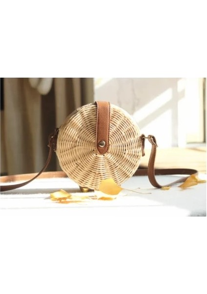 Wujiao Tarzı Dokuma Kamış Örgü Çanta Yuvarlak Hasır Omuz Çantası Küçük Plaj Çantaları Kadın Yaz Hollow El Yapımı Messenger Crossbody Çanta (Yurt Dışından)
