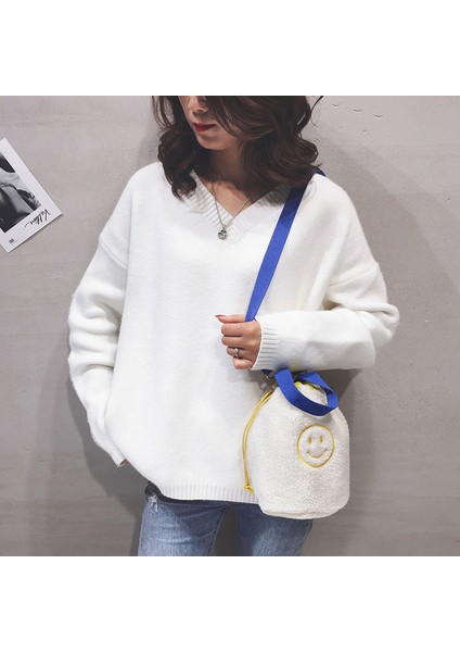 Siyah Stil Işlemeli Gülen Küçük Omuz Çantaları Kadınlar Için Yumuşak Peluş Öğrenci Kızlar Gülümseme Kova Crossbody Çanta Kuzu Yünü Çanta Çanta (Yurt Dışından) indirimleri