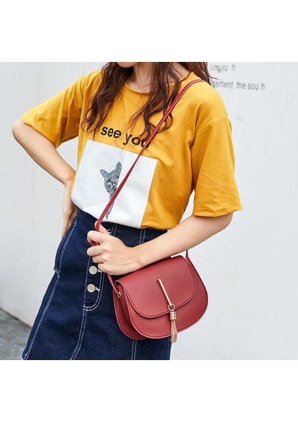 Qiuming Shop Kırmızı Stil Fashion Tassel Women Crossbody Bag Pu Leather Small Flap Messenger Bag For Ladies Sling Bag Mobile Phone Wallet Handbags Bolsa (Yurt Dışından)