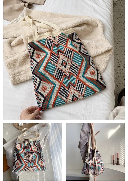 Bej Tarzı Lady Örgü Çingene Bohemian Boho Aztek Bez Çanta Kadın Tığ Rahat Açık Alışveriş Üst-Saplı Çanta Kadın Günlük Çanta (Yurt Dışından) modelleri