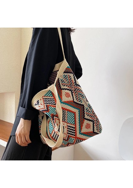 Bej Tarzı Lady Örgü Çingene Bohemian Boho Aztek Bez Çanta Kadın Tığ Rahat Açık Alışveriş Üst-Saplı Çanta Kadın Günlük Çanta (Yurt Dışından) indirimleri