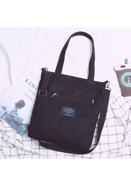 Siyah2 Tarzı Simple Women Package Print Cute Bear Canvas Bag Handbags Japanese Literary Shoulder Bag Casual Shopping Tote Girl Handbag (Yurt Dışından)
