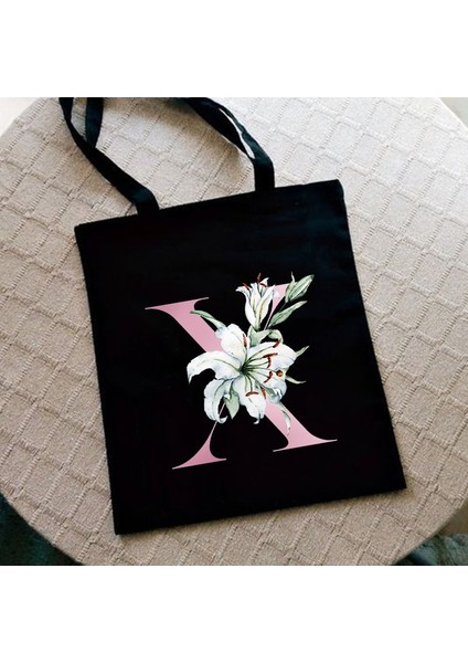 G2203-TBBK-M Stili Zambak Mektup Baskı Kadın Alışveriş Çantası Kadın Kanvas Kumaş Omuz Çantası Eko Depolama Rahat Çanta Yeniden Kullanılabilir Katlanabilir Moda Kılıf (Yurt Dışından)
