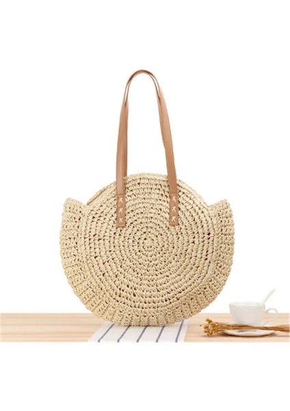 6 Beige Style Büyük Kapasiteli Yuvarlak Fermuar Şık Hasır Dokuma Çanta El Yapımı Yaz Plaj Seyahat Tatil Kadın Çantaları (Yurt Dışından)