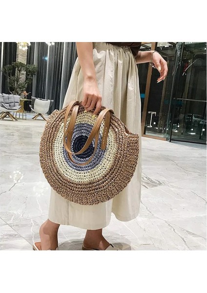 6 Beige Style Büyük Kapasiteli Yuvarlak Fermuar Şık Hasır Dokuma Çanta El Yapımı Yaz Plaj Seyahat Tatil Kadın Çantaları (Yurt Dışından) modelleri